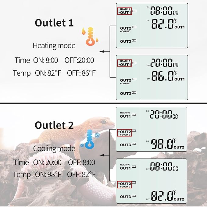DIGITEN Day-Night Reptile Temperature Controller with Timer | 3-Stage Thermostat Outlet, Cooling & Heating Mode for Terrarium, Ball Python, Bearded Dragon, Heat Mat,Mushroom, Fermentation