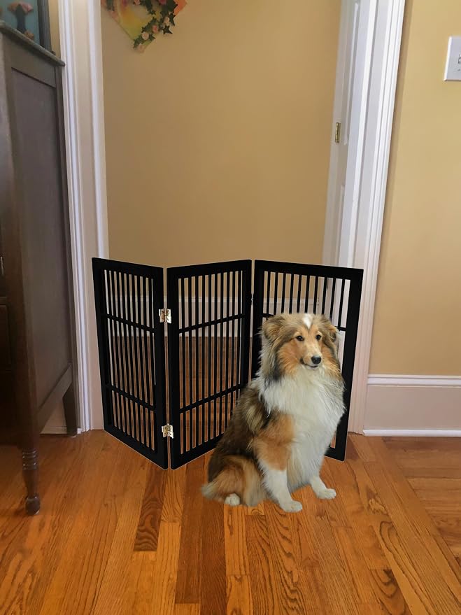 Urnporium Pet Dog Gate Freestanding, Strong Durable Folding Wooden Fence, Portable Acacia Hardwood Safety Barrier for Indoor & Outdoor Use (Black Pet Gate, 3 Panel 30" Tall)