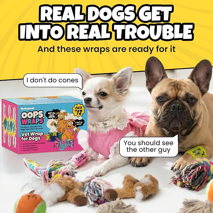 Rubyloo Vet Approved Travel Pet First Aid Kit Supplies to Treat Dogs & Cats in an Emergency with 12 Pack of 2 Funny Vet Wrap Bandages for Hiking, Camping & Backpacking