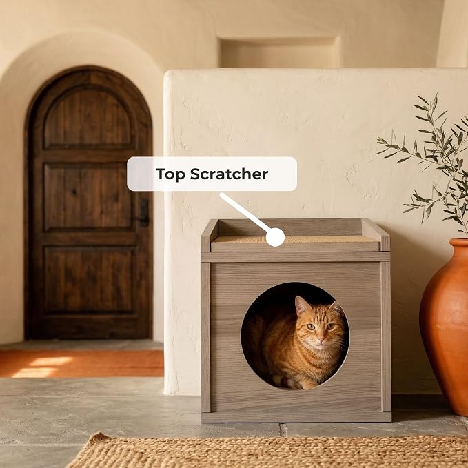 Meowdium Cat House for Indoor Cats – Cat Condo with 5X Longer-Lasting Cardboard Scratcher, 2 Scratcher Levels, Hideout & Top Lounge, Gray