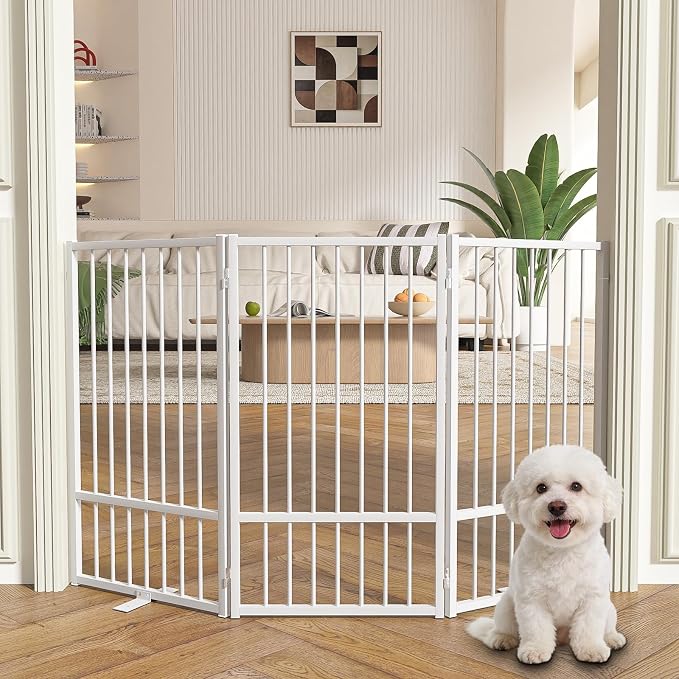 SNUOWU Full Metal Freestanding Dog Gate with Door, 36''Height Foldable Pet Dog Fence for Indoor & Outdoor, 3 Panels Extra Wide Free Standing TallDog Gates for Doorways,House,Stairs,Porch,Deck,Yard