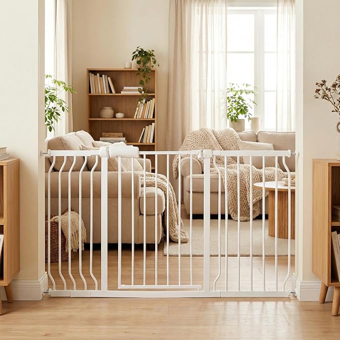 Extra Wide Baby Gate 53-57.5" Walk-Through Dog Gate for Stairs, Doorways & Hallways, 30" Tall, Auto-Close & Dual-Swing Safety Child Gate Indoor, Easy Install Pressure-Mounted Pet Gate, White