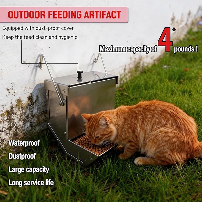 Small Animal Gravity Feeder with Lid - Stainless Steel Anti-Corrosion Durable Large Capacity Food Dispenser for Rabbits, Guinea Pigs, Chinchillas & Other Small Pets for Indoor Outdoor Cage Use (4Lbs)