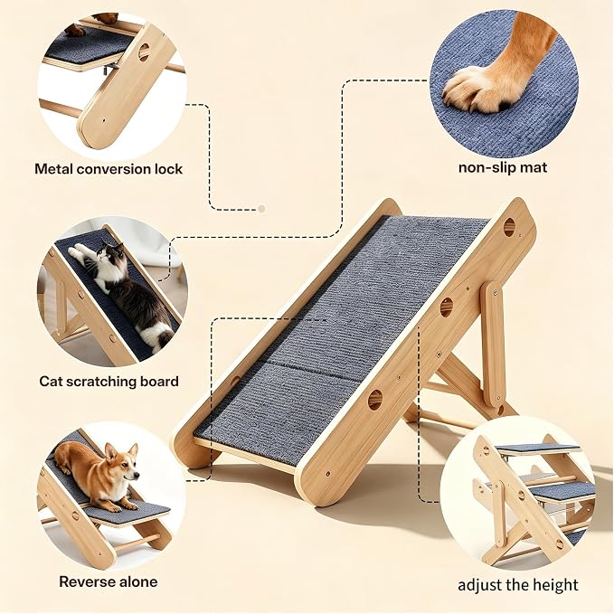 2 in 1 Compact Dog Stairs & Ramp for Small Dogs, Dachshunds & Old Cats, Sturdy Wooden Foldable Adjustable Pet Steps with Non-Slip Mat for Bed Couch Car Travel