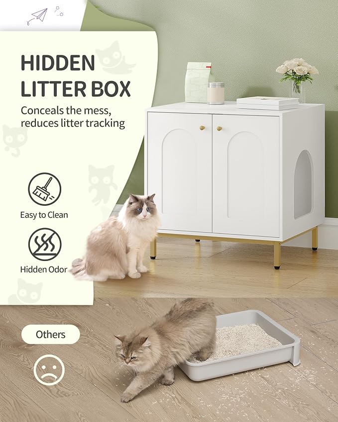 Hzuaneri Cat Litter Box Enclosure, Hidden Litter Box Furniture Cabinet, Wooden Indoor Cat House, Side End Table, Living Room, Bedroom, White and Gold CB81203G