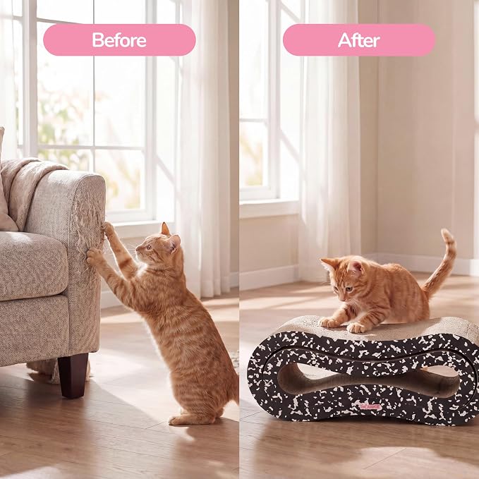 Suvi 26" Modern Cardboard Infinity 2-in-1 Lounge Bed Cat Scratcher with Catnip, Black and White Composition Notebook, Corrugated Scratching Surface and Tunnel for Indoor Cats CSR1014G