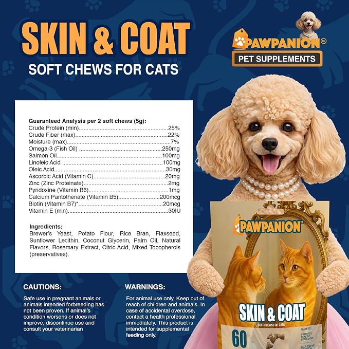Skin & Coat Soft Chews for Cats Shedding Control 60 Count