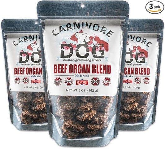 Carnivore Dog Treats, Human Grade, Grass-Fed Beef Liver, Heart & Kidney Made with Redmond Real Salt, No Additives, Healthy, Chewy, Training Snack for All Breeds, Beef Organ Blend, Pack of 3