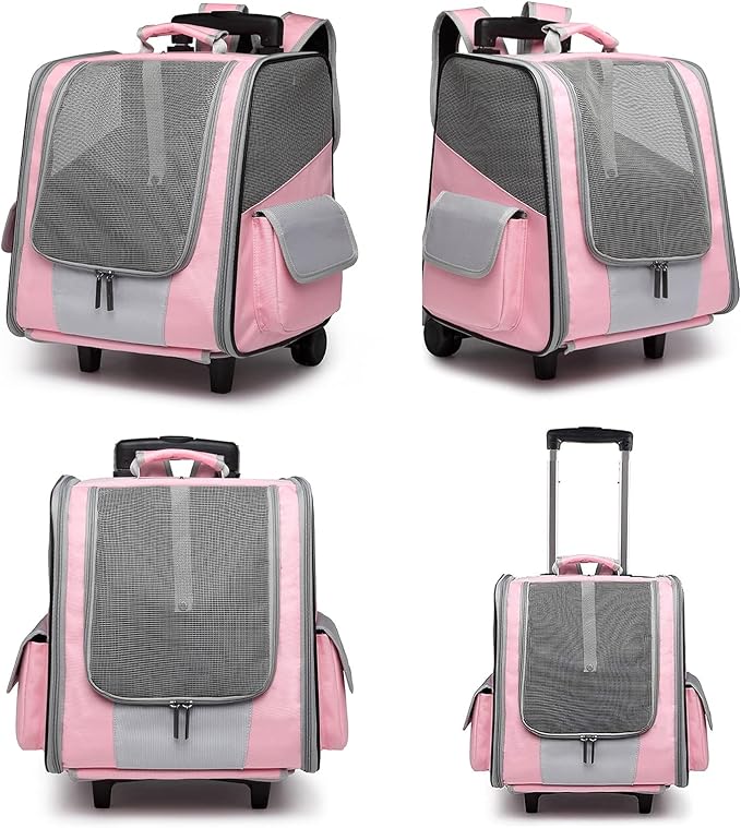 Pet Rolling Carrier,Foldable Cat Carrier Strollers Backpack Bag Puppy Dog Carrier Luggage with Wheels and Telescopic Handle for Cats Dogs Rabbits Kittens Puppies