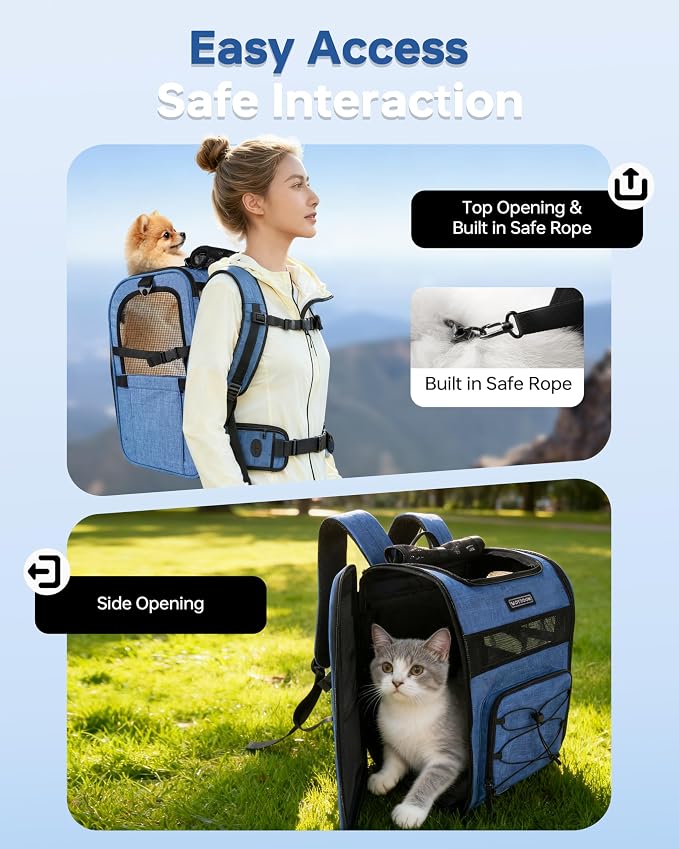 Hiking Dog Carrier Backpack, Adjustable Waist Cushioning Belt with Breathable Padded Back Support, Dog Carrier for Hiking with 5 Pockets, Dog Carrier Backpack for Small Dogs Max 13LB Blue