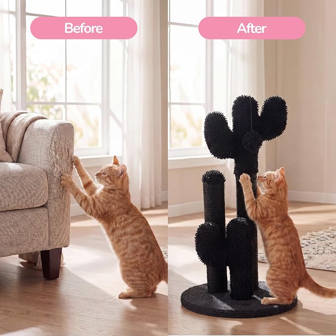 Marfa 21.5" Modern Triple Cactus Cat Scratching Post with Fuzzy Toy, Natural Jute Rope Scratcher with Weighted Non-Slip Base, Black CTR1008B