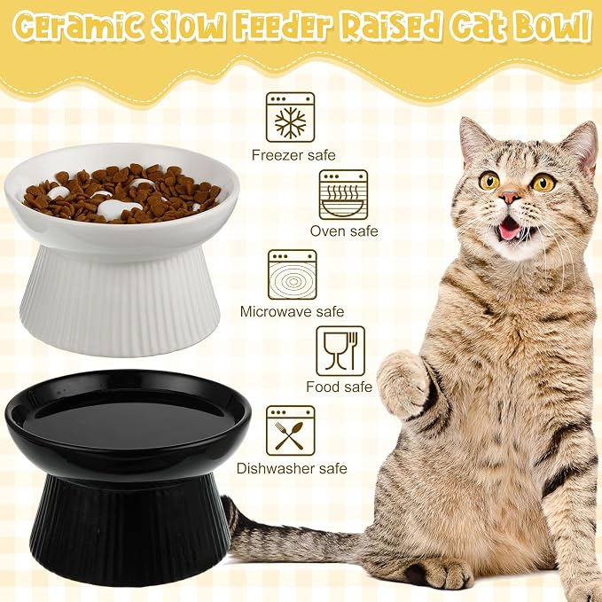 Tioncy 2 Pcs Raised Cat Slow Feeder Bowl Ceramic Elevated Cat Dog Food Bowl No Spill High Edge for Dry Wet Food and Water Easy to Clean, Dishwasher Safe (Black,White)