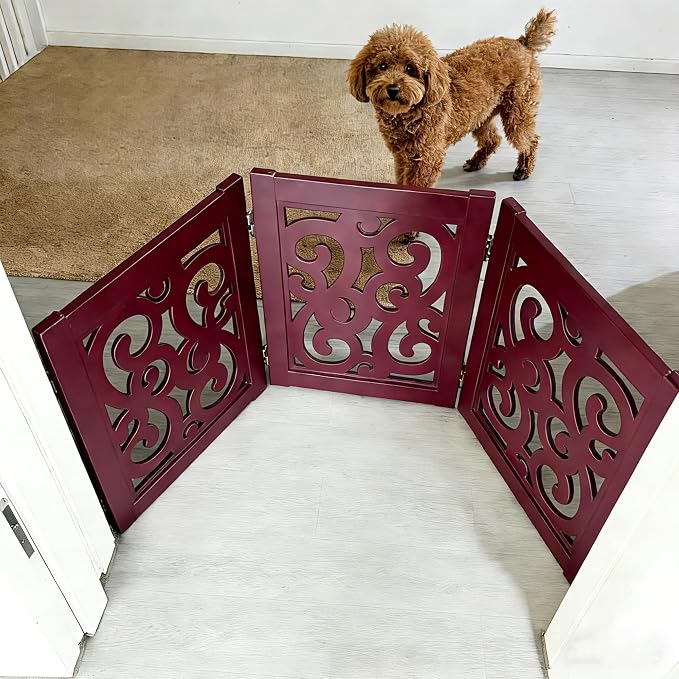 Ashfield & Harkness: 3-Panel Pet Gate - Scroll Mahogany - Wooden Foldable Freestanding Fence, Small Dogs & Puppy, 48 x 19.3, Doorway-Halls-Stairs