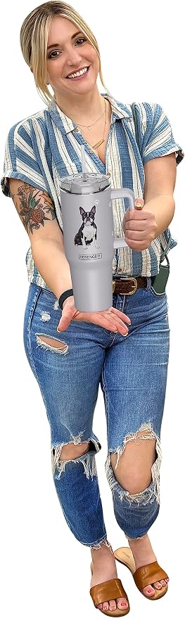SERENGETI 40 Oz Ultimate Tumbler with Handle and Straw - Vacuum Insulated Tumbler with Straw and Lid - Stainless Steel Travel Mug for Pet Lovers - 3D Designs of your favorite Dog (Boston Terrier)