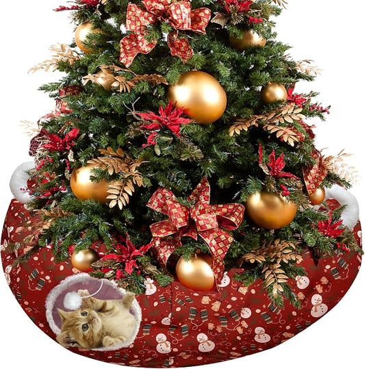 Cat Tunnel Bed in 3FT x 3FT x 9.8IN - Decorative Christmas Style with Snowman and Glove Patterns - Red Color Perfect for Festive Felines