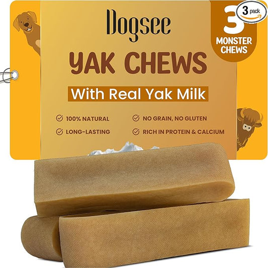 Dogsee Himalayan Yak Chews (Monster/XL- 3 Chews).100% Natural, 60% Protein, Dog Treats for Large Breed Dog Chews for Dogs Over 55 lbs