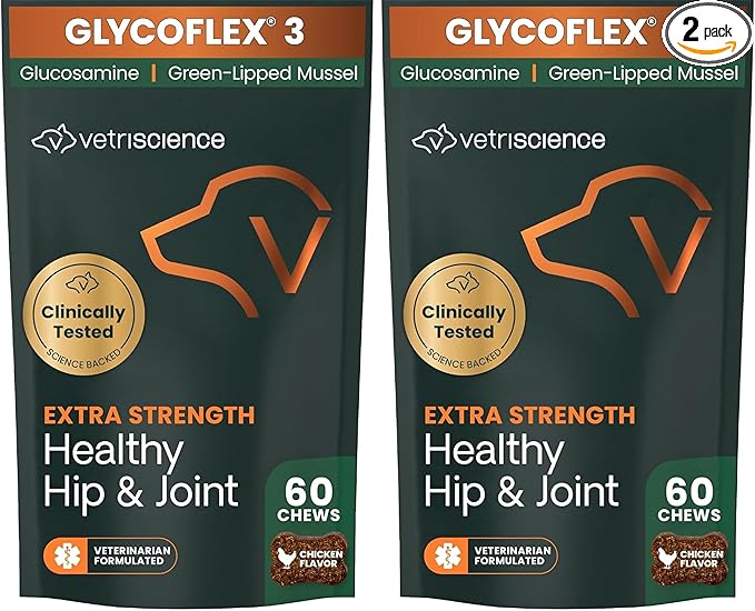 VetriScience Extra Strength Healthy Hip & Joint Chews, GlycoFlex Glucosamine and Green-Lipped Mussel Joint Support Supplement for Dogs, Chicken, 60 Count (Pack of 2)