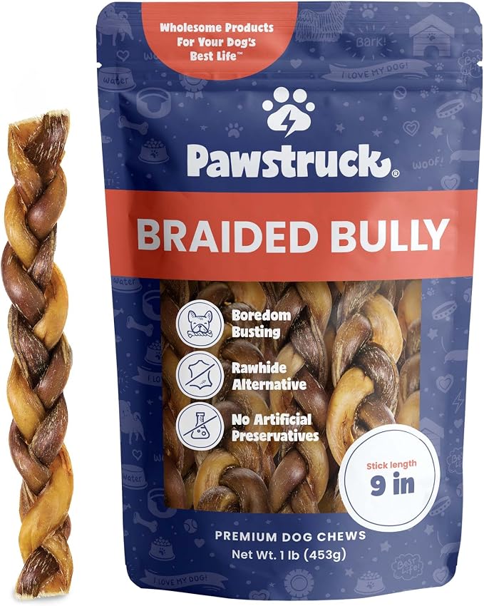 Pawstruck 100% Natural 9" Braided Bully Sticks for Dogs 1 lb Bag - Long Lasting Rawhide Free Single Ingredient Beef Pizzle Dog Chew Treats for Aggressive Chewers and Dental Health