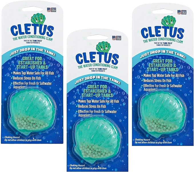 Cletus The Water Conditioning Clam - 3 Pack, Blue - Fish Tank & Aquarium Water Preparation, Chlorine Neutralizer & Heavy Metal Filtration
