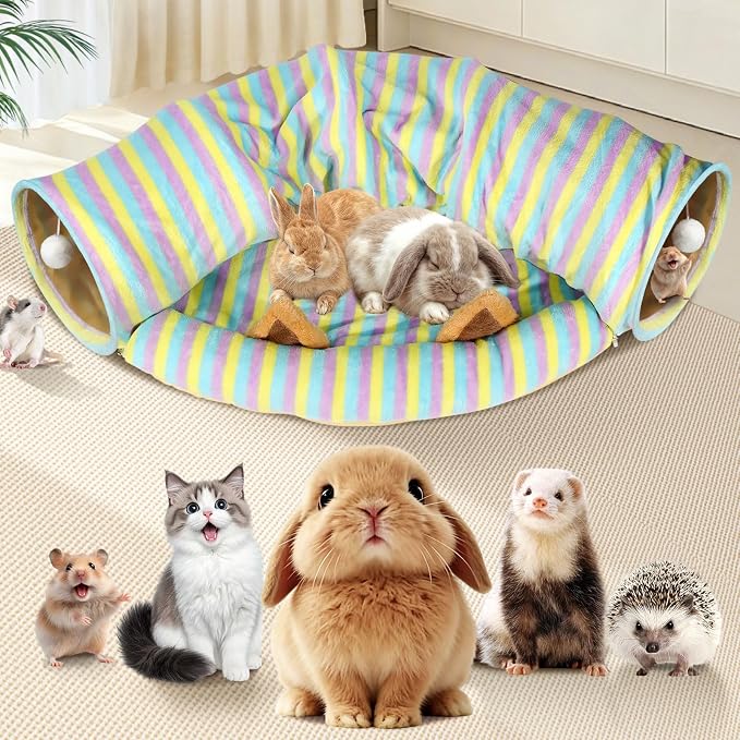 Spardar Bunny Tunnel Bed, 2-in-1 Collapsible Tunnel Tubes Toys, Washable, with Removable Mat Hideout, Interactive Toys for Rabbits Chinchilla Hedgehog Guinea Pigs Kitty, Stripe