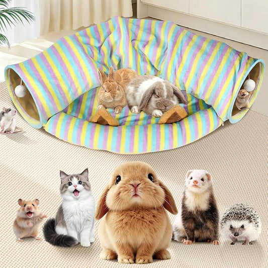 Spardar Bunny Tunnel Bed, 2-in-1 Collapsible Tunnel Tubes Toys, Washable, with Removable Mat Hideout, Interactive Toys for Rabbits Chinchilla Hedgehog Guinea Pigs Kitty, Stripe