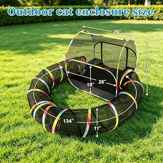 Outdoor Cat Enclosure, 2-in-1 Portable Pop Up Cat Mesh Tent with Tunnel for Cat Run, Easy Set Up and Foldable Catio Playground for Indoor Cats, Rabbits & Small Animals, Includes Storage Bag