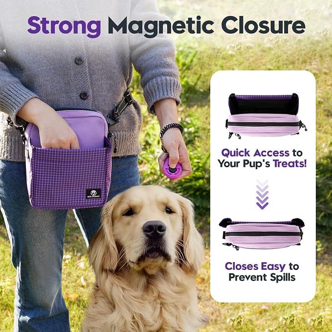 Dog Training Treat Pouch, Magnetic Dog Treat Fanny Pack for Walking, Crossbody Dog Walking Bag with Poop Bag Dispenser, Clicker & Collapsible Bowl - Purple