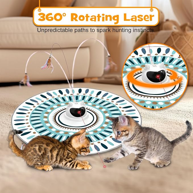 3 in 1 Automatic Interactive Cat Toy for Indoor Cats, USB Rechargeable Adjustable Laser, 360° Rotating Feather Wand, Real Bird Chirp, Motion-Activated Hide Seek Mat, Auto-Off, Quiet Operation