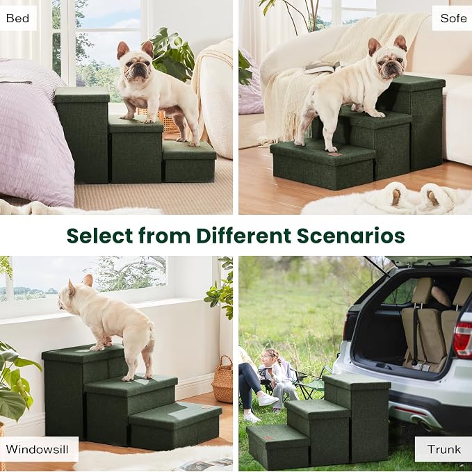 Love's cabin Dog Stairs for High Bed 18" H, Foldable Pet Stairs for Small Medium or Large Dogs Puppy with Storage for Bed or Couch, Cat Dog Steps Ramp with Zip up to 200 lbs, Dark Green, 3 Steps