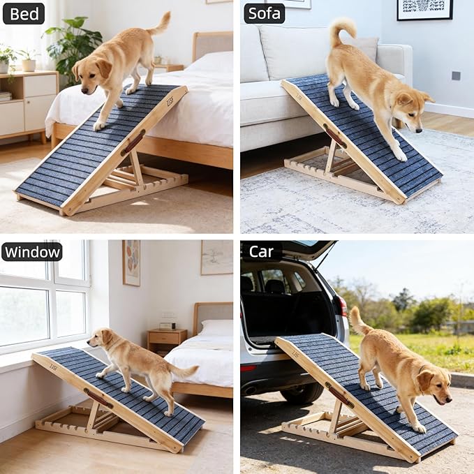 ZJSF Foldable Wooden Dog Ramp for High Bed, Dog Stairs for Small Dogs, High Traction Platform with 5 Adjustable Heights (14"-28"), 47", Supports up to 200 lbs