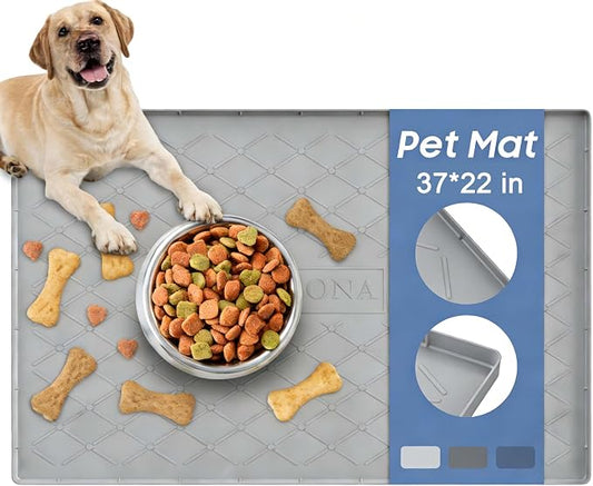 URMONA Large Dog Food Mat, 37" x 22" Pet Food Mat, Waterproof Dog Cat Food Mat with Raised Edges, Silicone Pet Food Mat, Dog Accessories, Prevents Food Spills, Protects Floors (Beige)