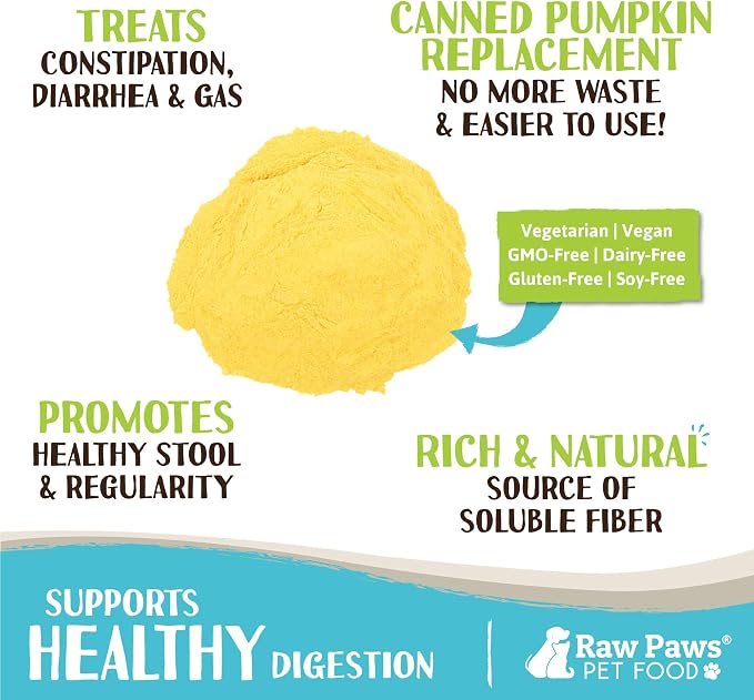 Raw Paws Organic Pumpkin Powder for Dogs & Cats (8-Ounce) - Made in USA - Diarrhea & Constipation Relief - Anti Scoot Powdered Pumpkin for Dog - Fiber for Dogs - Dried Food Topper