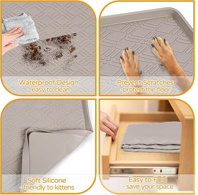 Dog Food Mat, 42" x29" Large Silicone Mat Dog Feeding Mat with Raised Edge Non-Slip Pet Feeding Mat for Food and Water Bowl, Easy to Clean, Floor Protection (Beige)