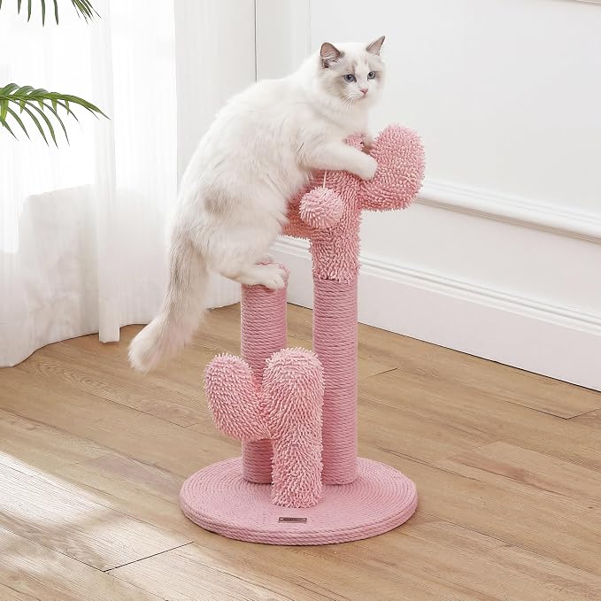 Marfa 21.5" Modern Triple Cactus Cat Scratching Post with Fuzzy Toy, Natural Jute Rope Scratcher with Weighted Non-Slip Base, Pink CTR1008C