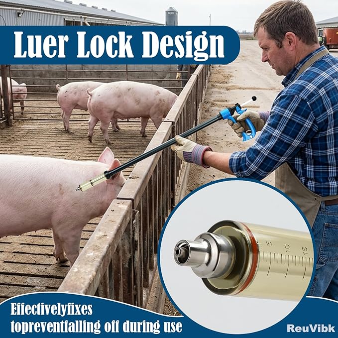 50 ML Livestock Iong Shot Pole Syringe, Cattle Syringe Gun | with Luer Lock 5 Gears Adjustable Continuous Repeating Veterinary Vaccine Injector for Cattle, Horses, Sheep & Pigs