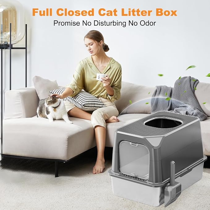 Extra Large Stainless Steel Cat Litter Box Enclosed with Lid - 23.6" x 15.7" x 16.5" Metal Cat Litter Box XXL for Cats, Front Top Entry High Side Kitty Litterbox，Scoop & Mat, Anti Leakage, No Sticky