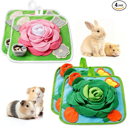 Yinkin 4 Pack Rabbit Foraging Snuffle Mat for Small Animals Puzzle Toys 13.8 x 13.8 Inches Funny Interactive Nosework Feeding Mat for Bunny Hamsters Guinea Pigs Ferrets Chinchillas (Classic Style)