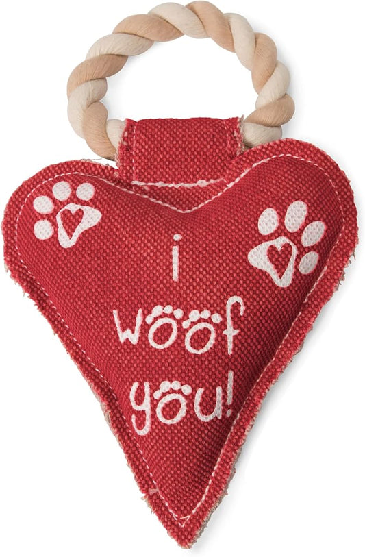 Pavilion Gift Company 45610 Pavilion's Pets-Red Heart Shaped Canvas and Rope Dog Squeaky Toy-I Woof You, Dogs, Medium- Large Breeds