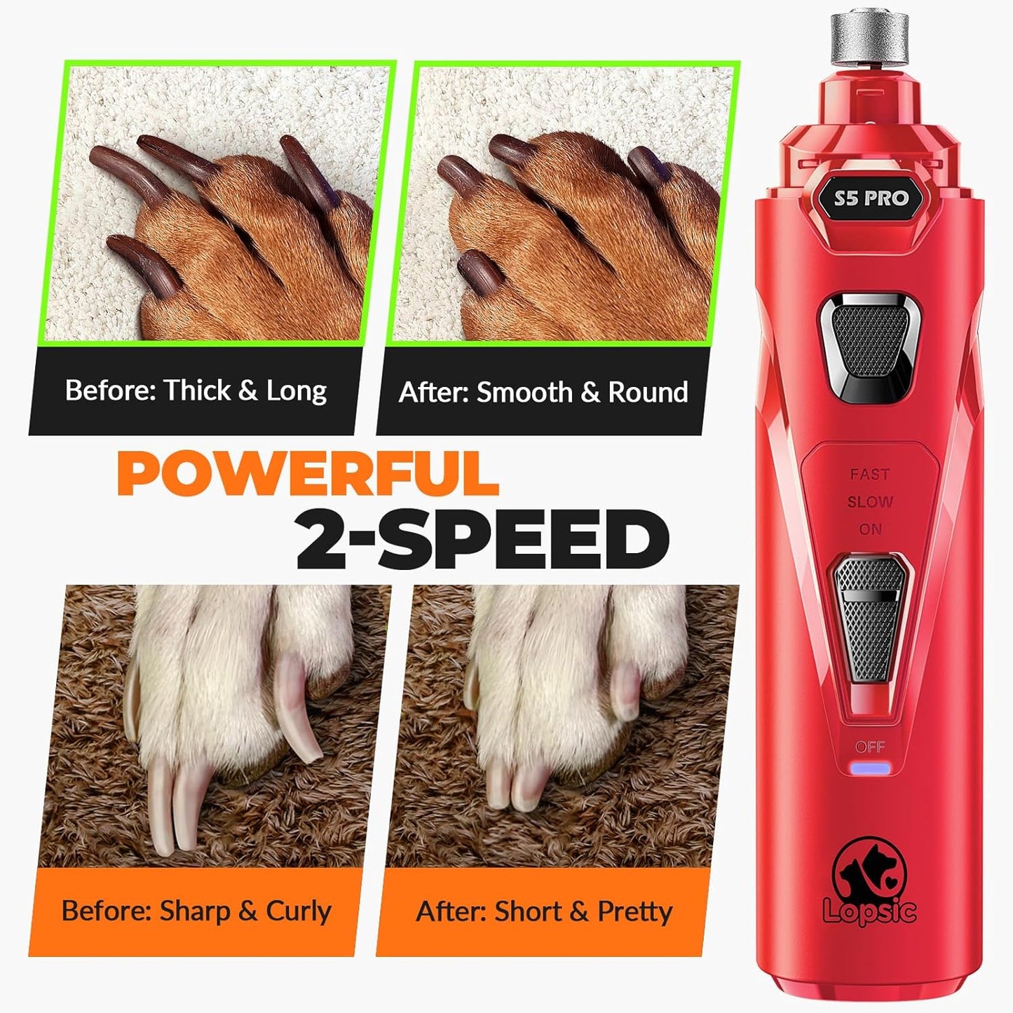 Dog Nail Grinder with 2 LED Lights Powerful 2 Speeds Super Quiet Dog Nail Trimmers with 3 Grinding Wheels Rechargeable Pet Dog Nail Clippers for Large Medium Puppy Dogs Dog Nail File Cat Nail Clipper
