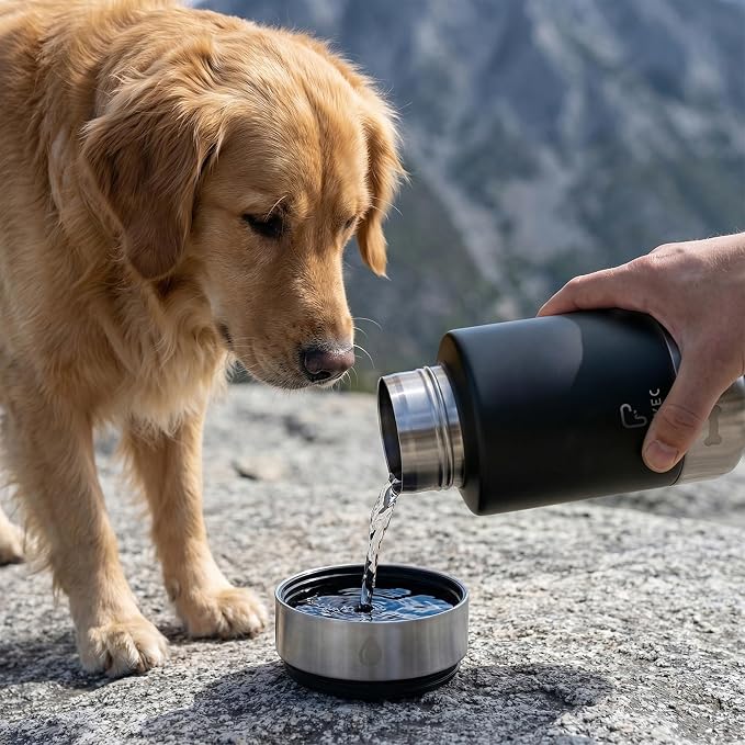 Dog Water Bottle 32oz, Insulated Stainless Steel Travel Water Dispenser with 2 Detachable Dog Bowls for Food and Water, Leak Proof Portable Pet Drinking Cup for Walking Hiking Camping