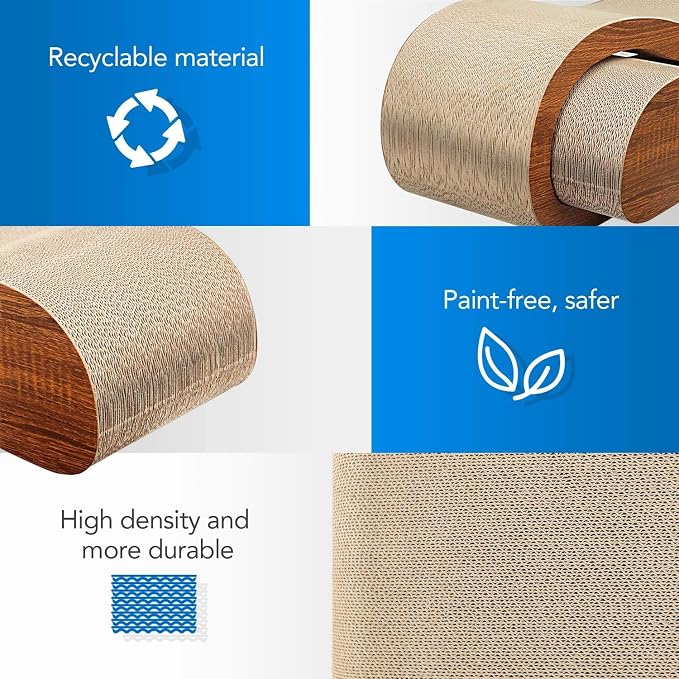 Simple Delxue 2 in 1 Cat Scratcher Lounger, Large Horizontal Cardboard Cat Scratcher with 2 Plug-in Teaser Wand, 100% Recyclable & Reversible Scratching Pads Prevents Furniture Damage
