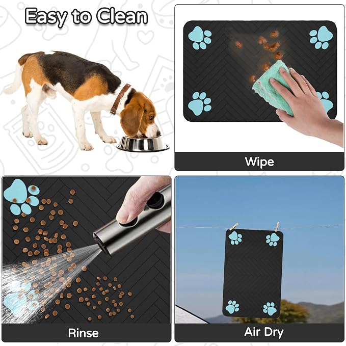 Pet Feeding Mat-Absorbent Dog Feeding Mat for Food and Water Bowl,No Stains Pet Placemat,Quick Drying Water Dispenser Mat for Dog and Cat,Easy to Clean Dog Accessories(M,Black Blue Paw)