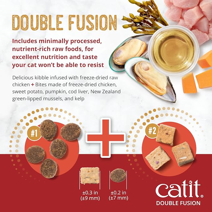 Catit Recipes Double Fusion Weight Control Cat Food – Chicken Recipe, High-Protein, Freeze-Dried Raw Toppings, No by-Products, Minimally Processed, Balanced Nutrition, 4 lb