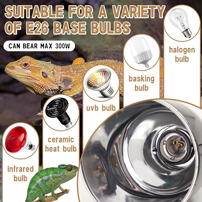 Reptile Light Fixture with Dimming Thermostat 5.5 Inch Deep Dome Infrared Reptile Heat Lamp Max 300W for Turtle Bearded Dragon Lizards Snake