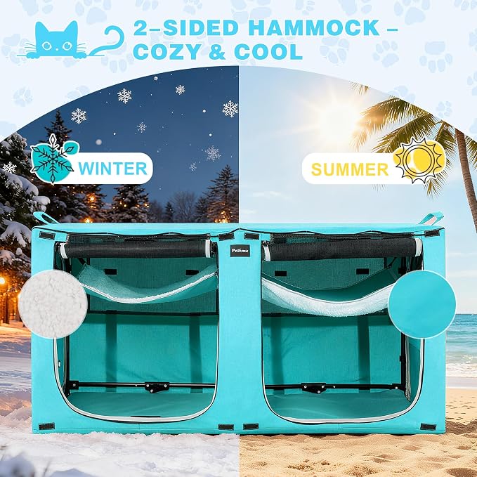 Huge Sapce Double Compartment Cat Travel Carrier with Litter Box & Homack | Cat Show Kennel Cage Crate with Mat & Water Bottle
