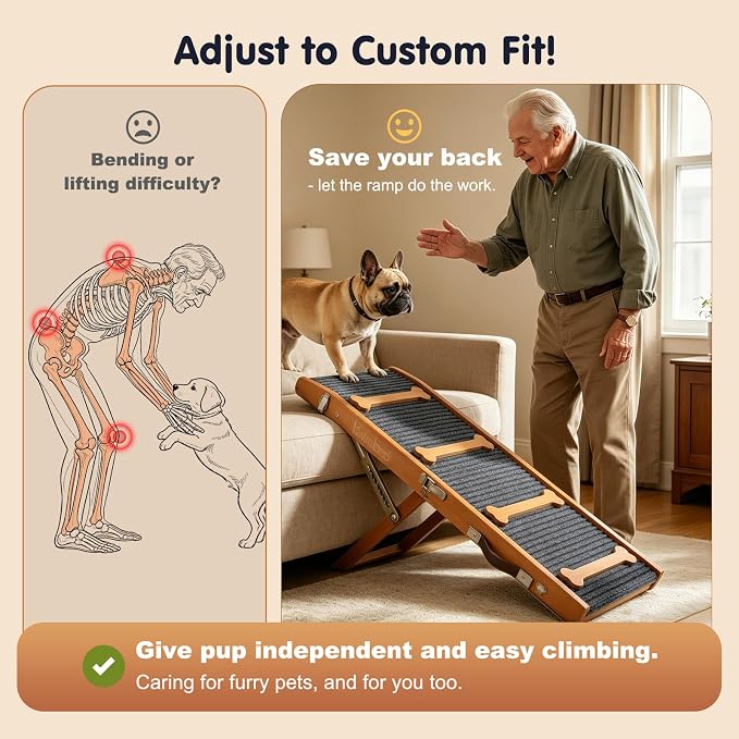 Pawaboo 2026 Upgraded Dog Ramp for Couch, Foldable Small Dog Ramp for Sofa with 7 Adjustable Heights from 2.2'' to 18.5", Portable Non-Slip Pet Ramps for Couch Sofa, Walnut
