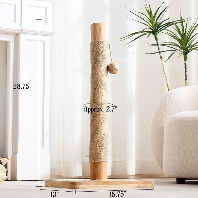 29" Tall Solid Wood Cat Scratching Post for Indoor Cats, Extra Stable Heavy Base, Natural Sisal Scratcher with Hanging Ball, Furniture Protector for Kittens & Adult Cats, Beige