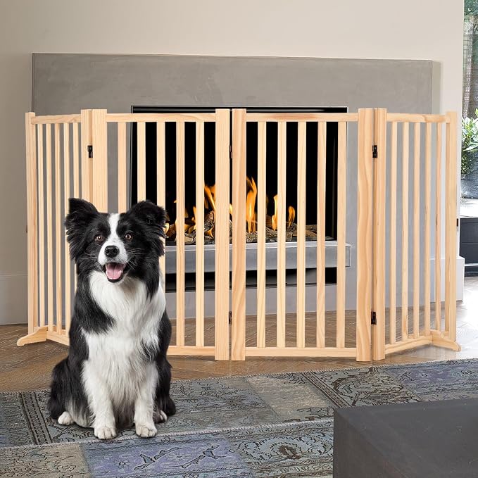 Wooden Freestanding Dog Gate, Foldable Pet Gate with Support Feet, Indoor Dog Fence for The House,Doorways, Stairs，Expandable Pet Fence -4 Panel H:36”