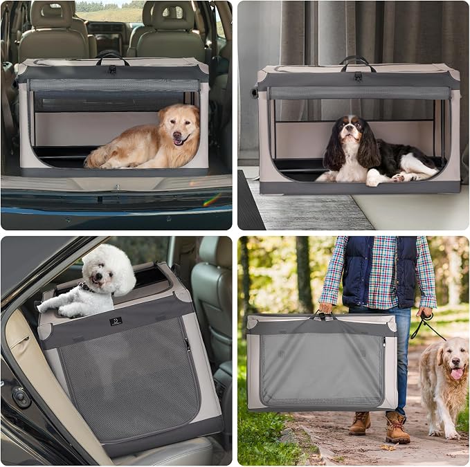 36" Collapsible Dog Crate for Large Dogs - Portable Soft Travel Kennel with Lockable Zippers, Waterproof Base, Washable Cover, Patented Screw Frame for Adjustable Tension, Outdoor, Indoor, Car Use
