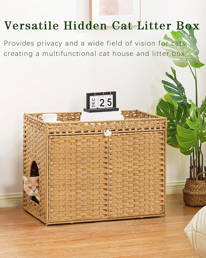SETVSON Cat Litter Box Enclosure Furniture, Handwoven Rattan Hidden Litter Box with Mat, Large Space Cat House with 2 S-Shaped Hooks 30.3 x 18.3 x 24.4 Inches, Indoor for Living Room Apartment Natural